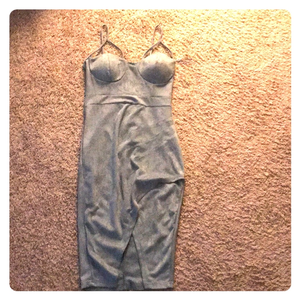 Grey blue tone dress with a slit also velvet